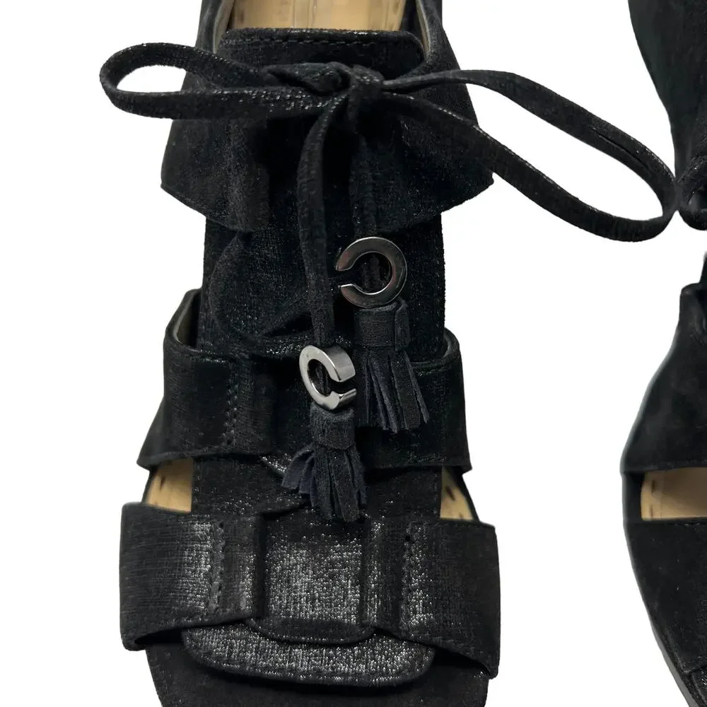 Coach Teagan Shimmer Leather Heeled Sandal Black Lace Up Size 10